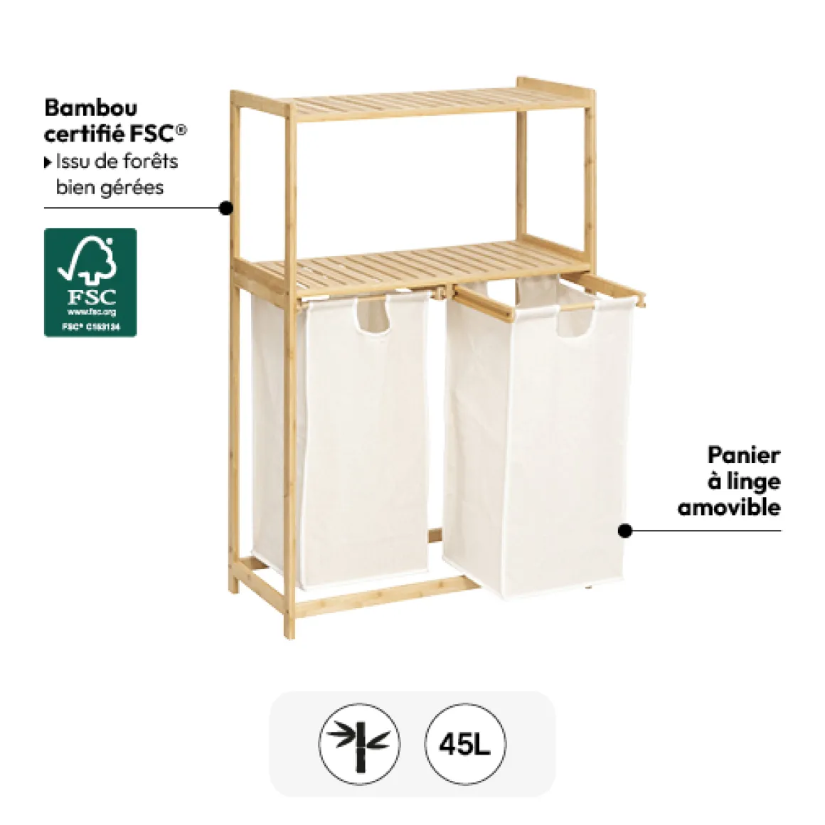 Etagère avec 2 sacs à linge, Bambou