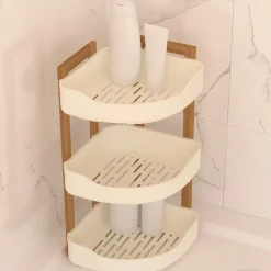 Etagère d'angle 3 niveaux, Bambou - Blanc