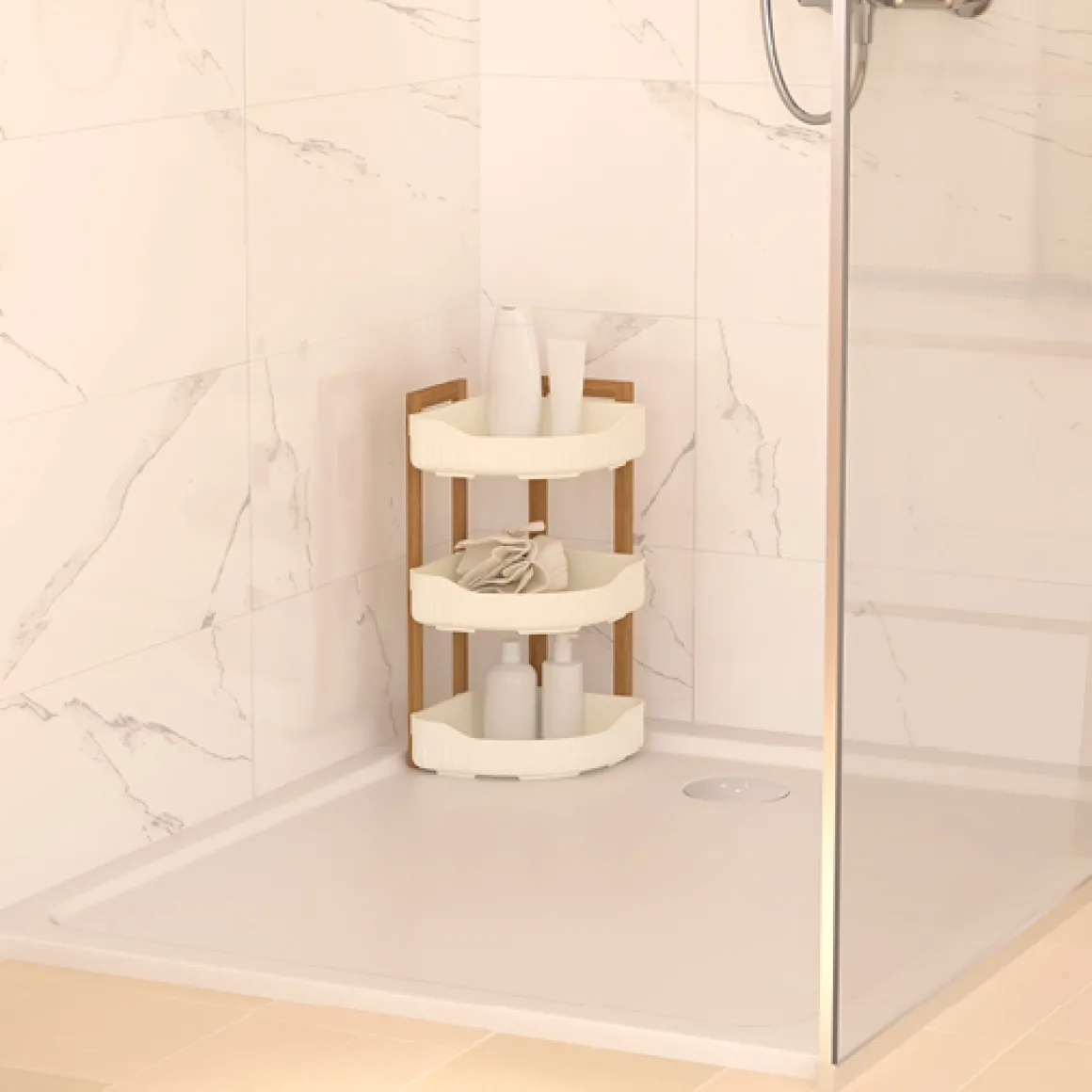 Etagère d'angle 3 niveaux, Bambou - Blanc