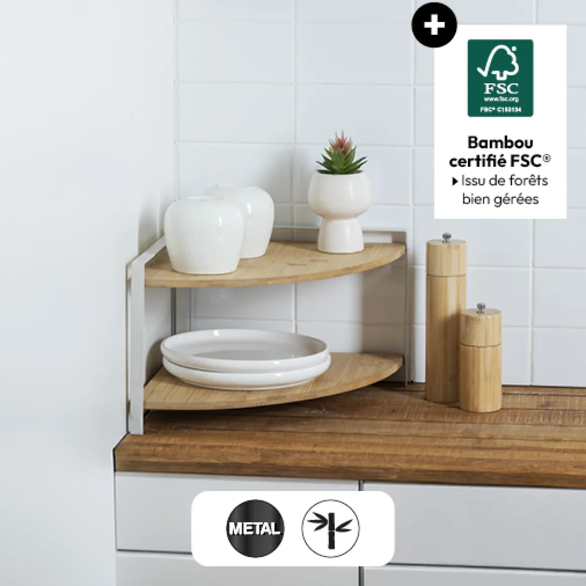 Etagère d'angle 2 niveaux, Blanc