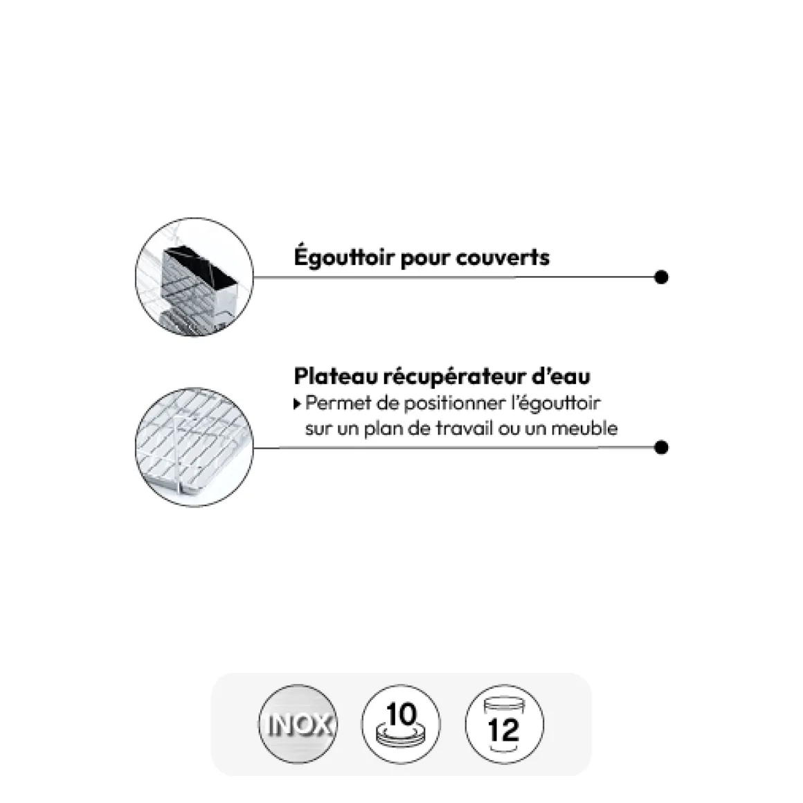 Égouttoir acier 2 niveaux avec plateau, Inox