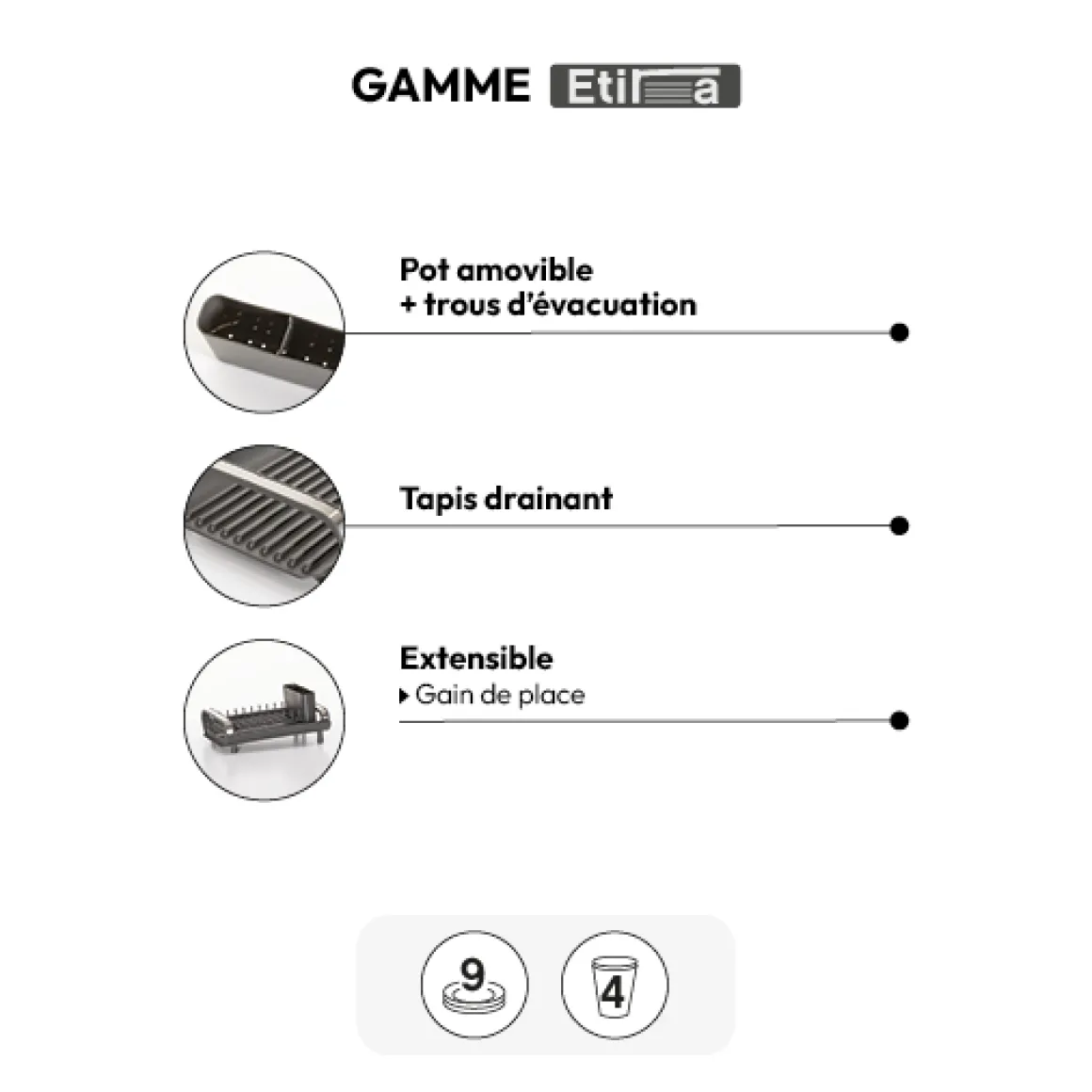 Égouttoir extensible 9 assiettes, Gris