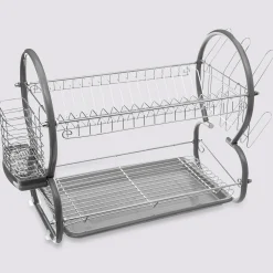 Égouttoir métal 2 niveaux avec plateau, Gris