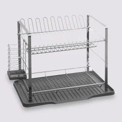 Égouttoir métal 2 niveaux avec plateau, Gris