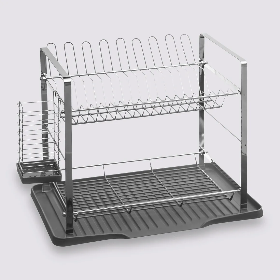 Égouttoir métal 2 niveaux avec plateau, Gris