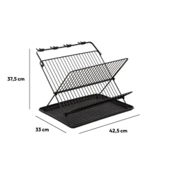 Égouttoir pliant 2 niveaux avec plateau, Noir