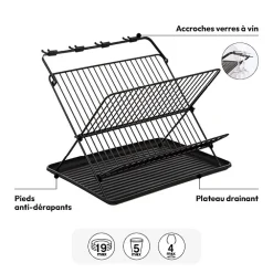 Égouttoir pliant 2 niveaux avec plateau, Noir