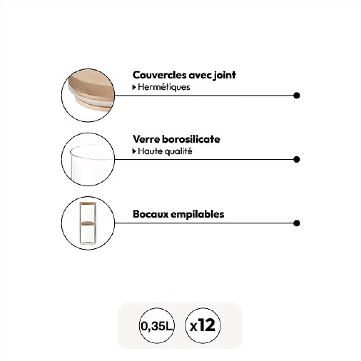 Lot de 12 bocaux de conservation hermétiques en verre 350ml