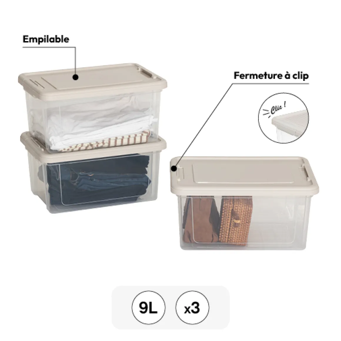 Lot de 3 boîtes de rangement 9L