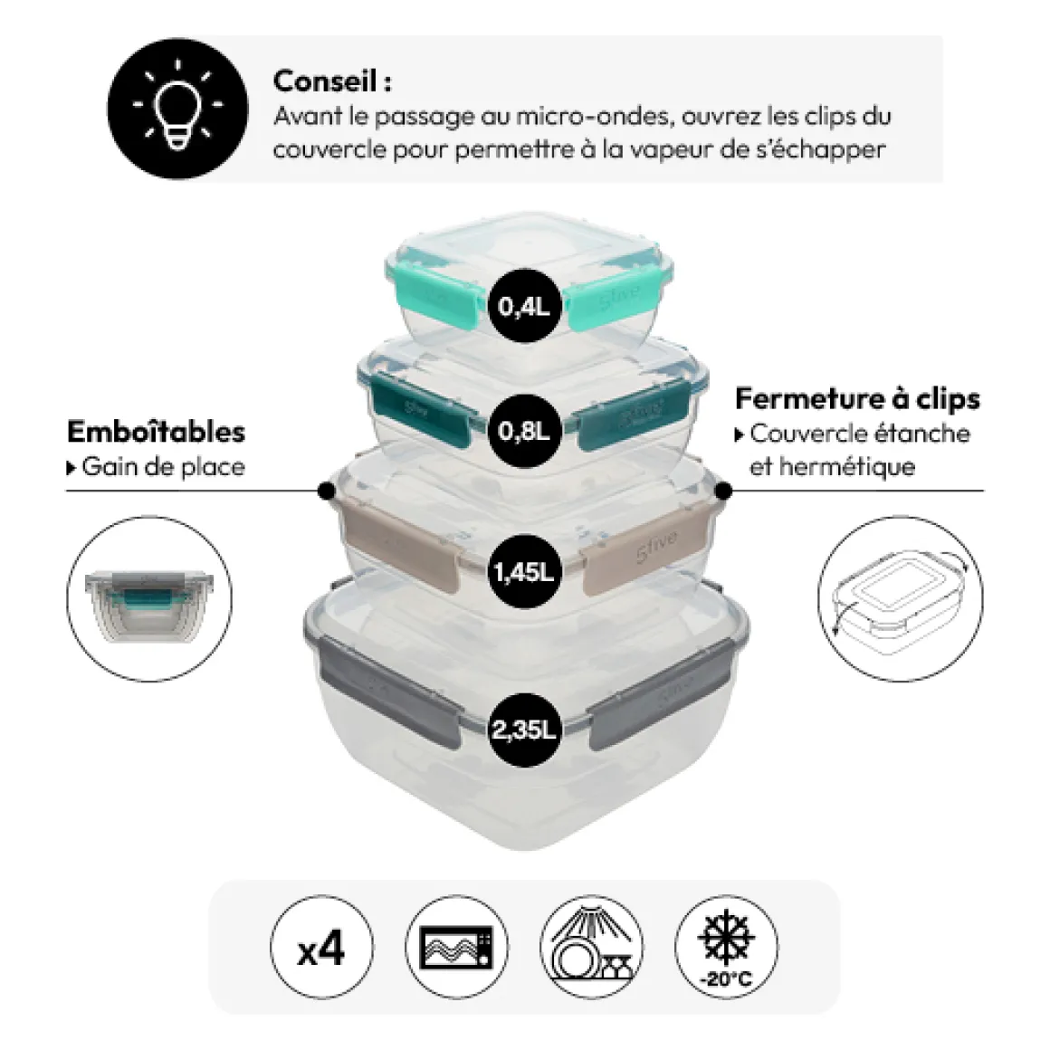 Lot de 4 boîtes en plastique carré