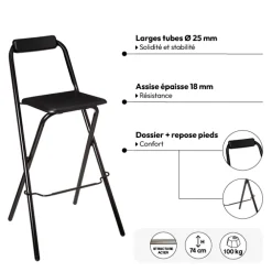 Lot de 2 chaises de bar pliantes, Noir