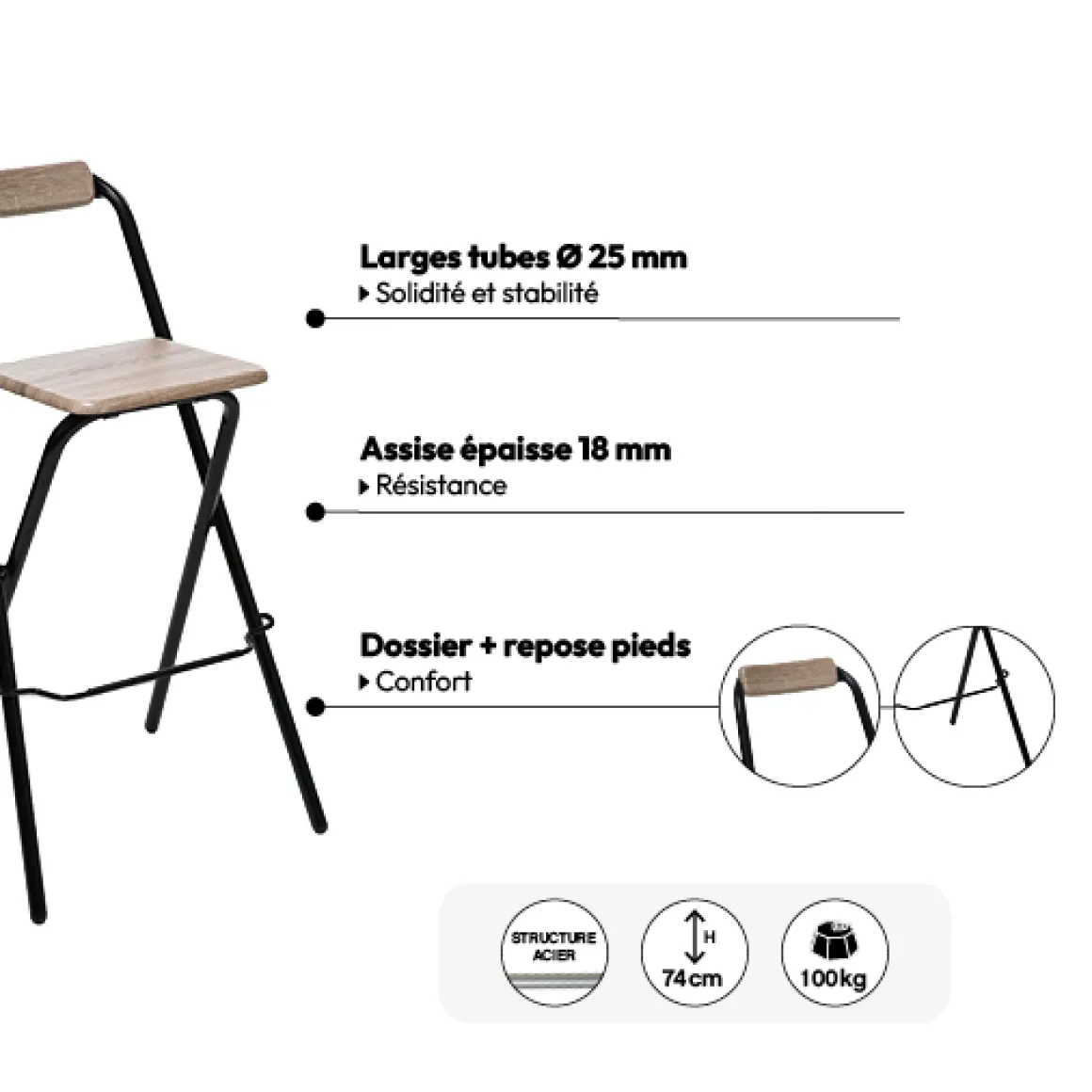 Lot de 2 chaises de bar pliantes, Effet chêne naturel