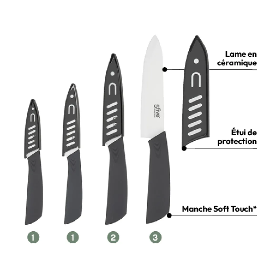 Lot de 4 couteaux en céramique, Gris