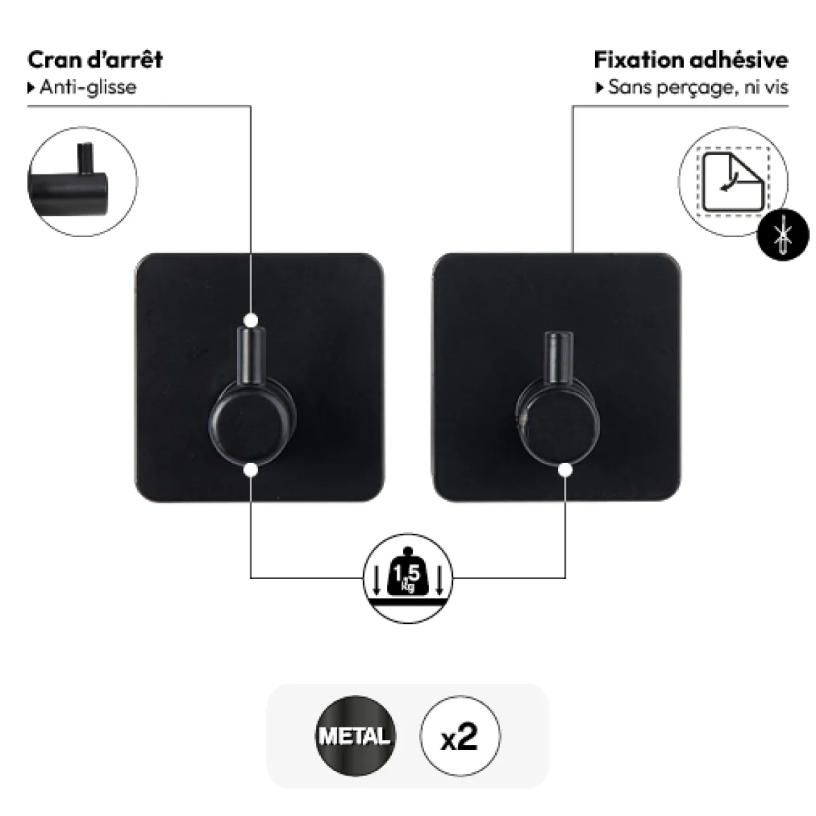 Lot de 2 patères adhésives 1 tête