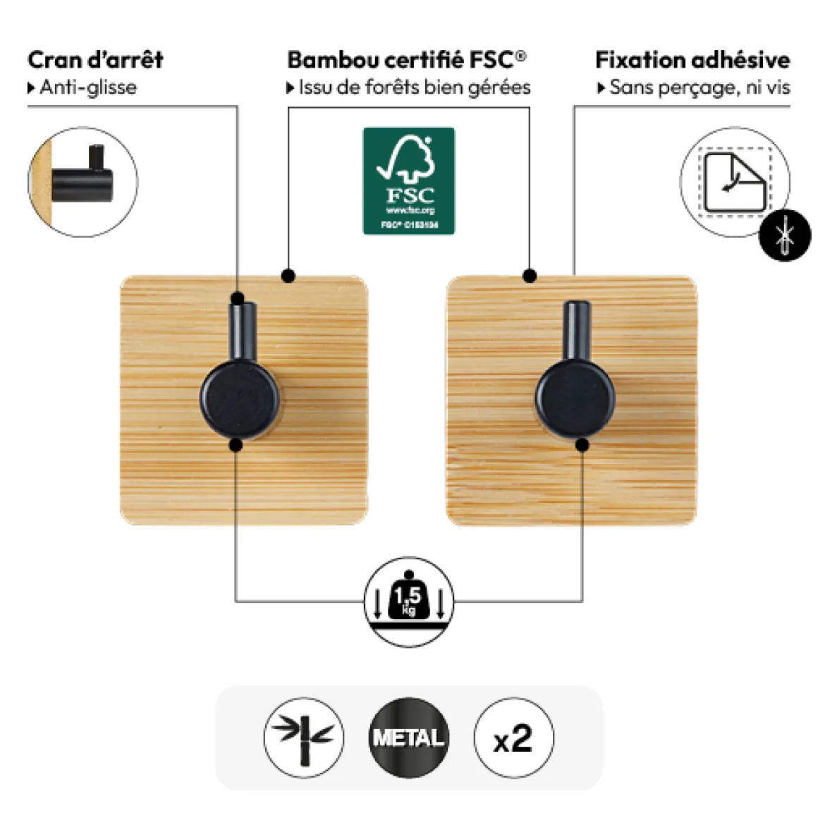 Lot de 2 patères adhésives 1 tête métal et bambou