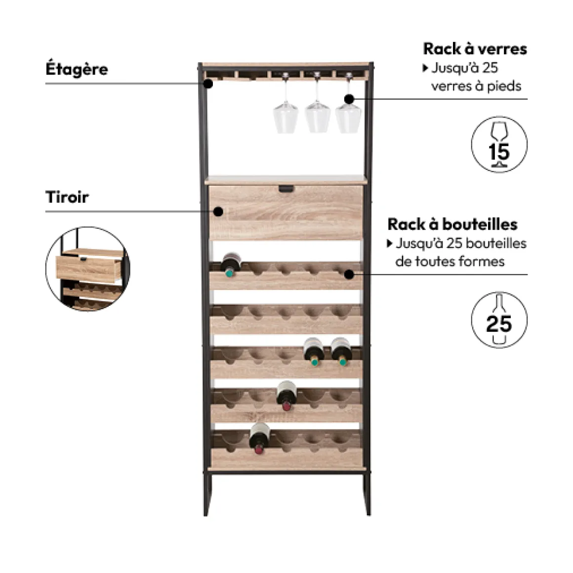 Meuble bar x25bouteilles, Effet chêne naturel