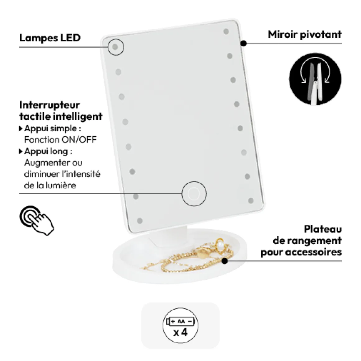 Miroir à LED, 28x16 cm, Blanc