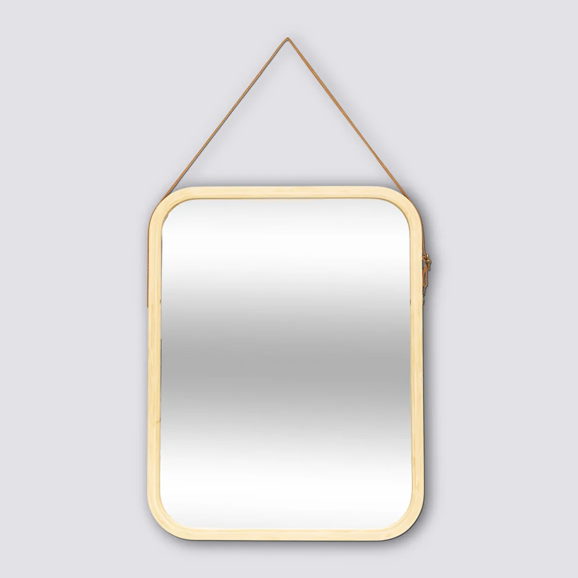 Miroir mural avec lanière cuir, 45x35cm, Bambou