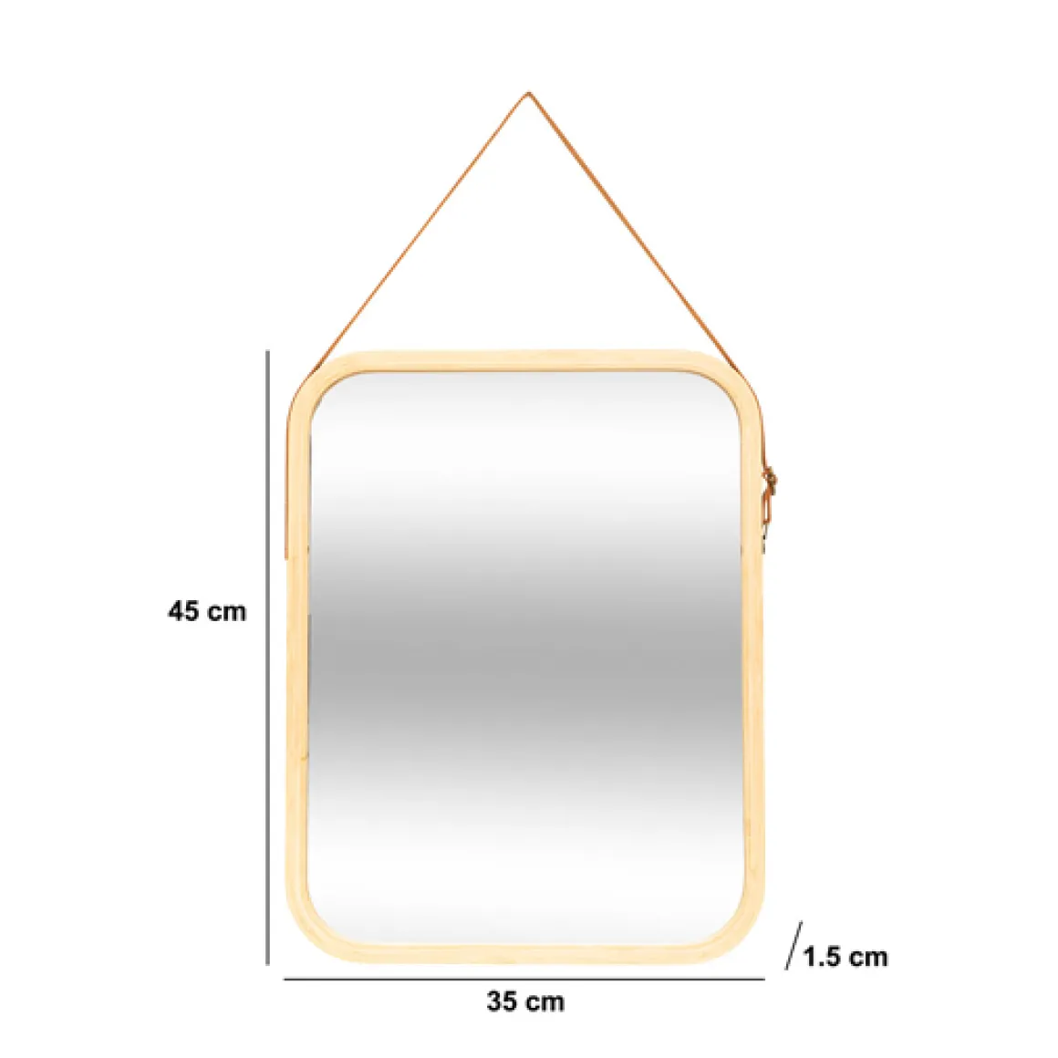 Miroir mural avec lanière cuir, 45x35cm, Bambou