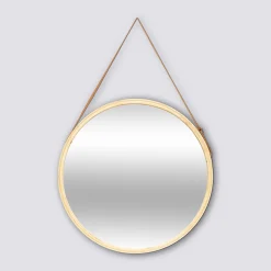 Miroir mural rond avec lanière cuir, 50cm, Bambou