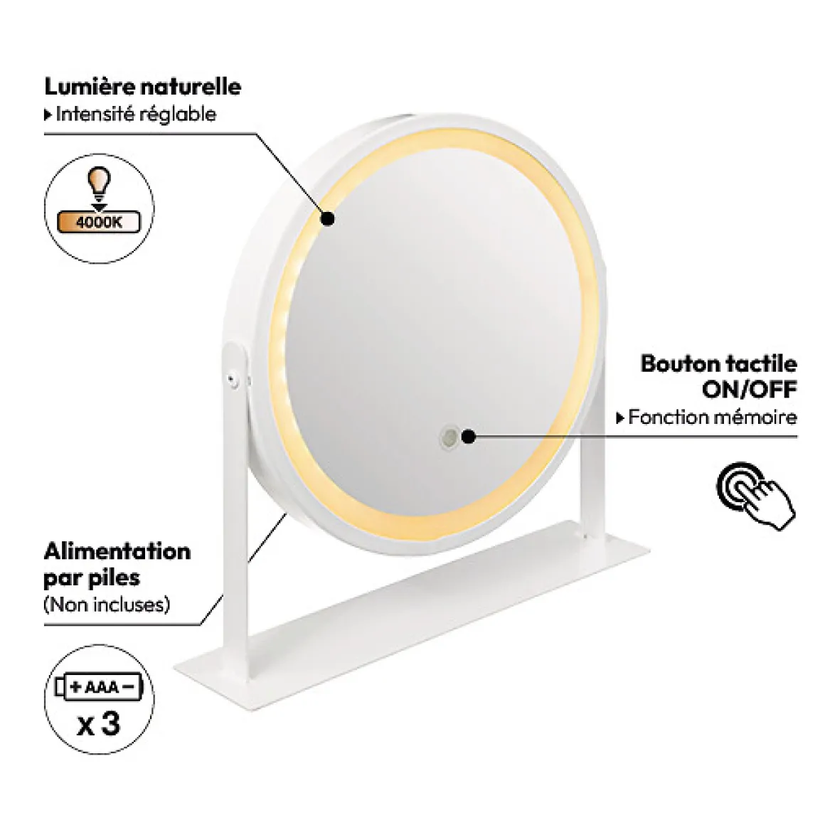 Miroir rond pivotant LED, Blanc