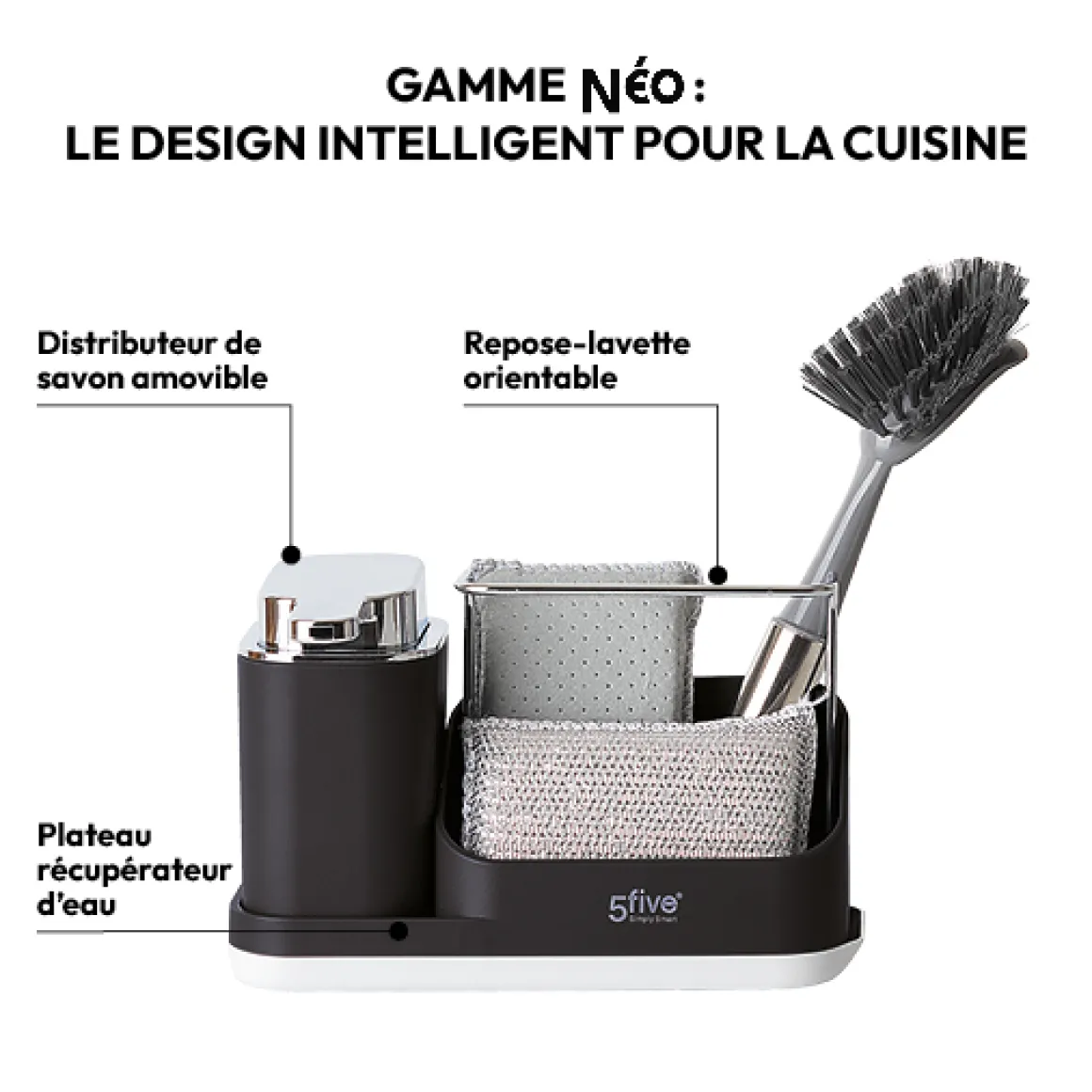 Organiseur évier avec distributeur 300ml, Gris noir