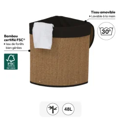 Panier à linge 48L, Bambou et noir