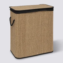 Panier à linge 100L, Bambou et noir