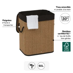 Panier à linge 100L, Bambou et noir