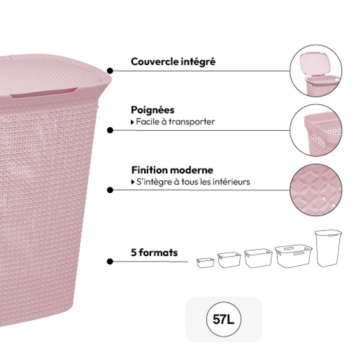 Panier à linge plastique 57L, Rose