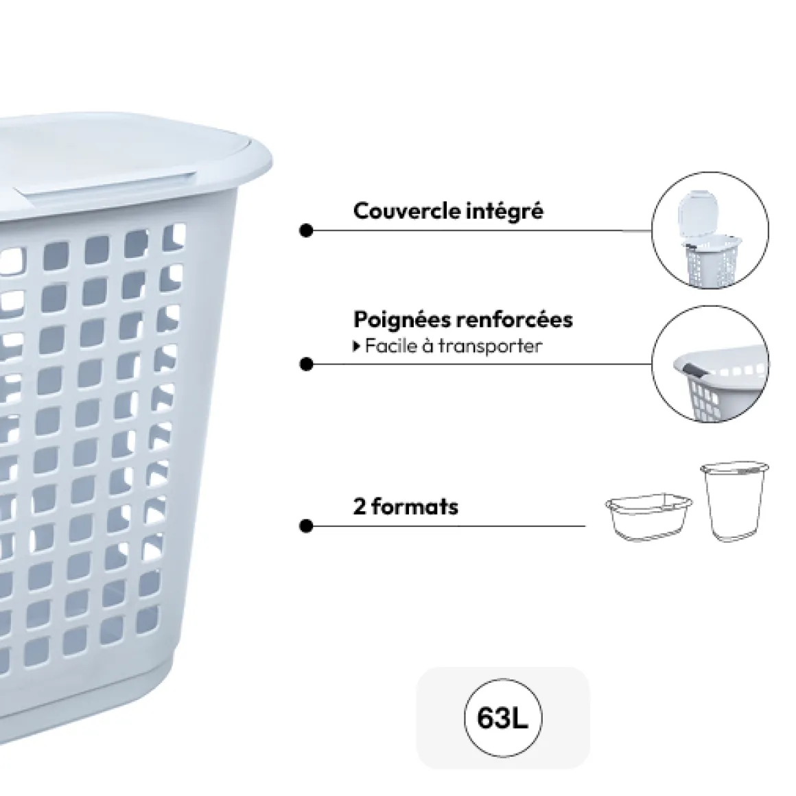 Panier à linge plastique 63L, Blanc