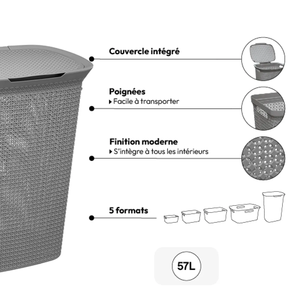 Panier à linge plastique 57L, Gris