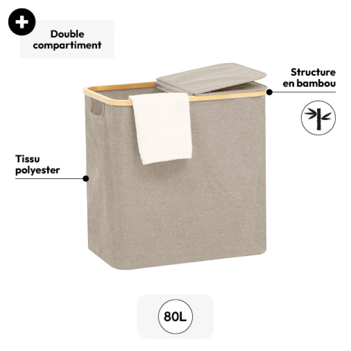 Panier à linge pliable double 80L, Gris