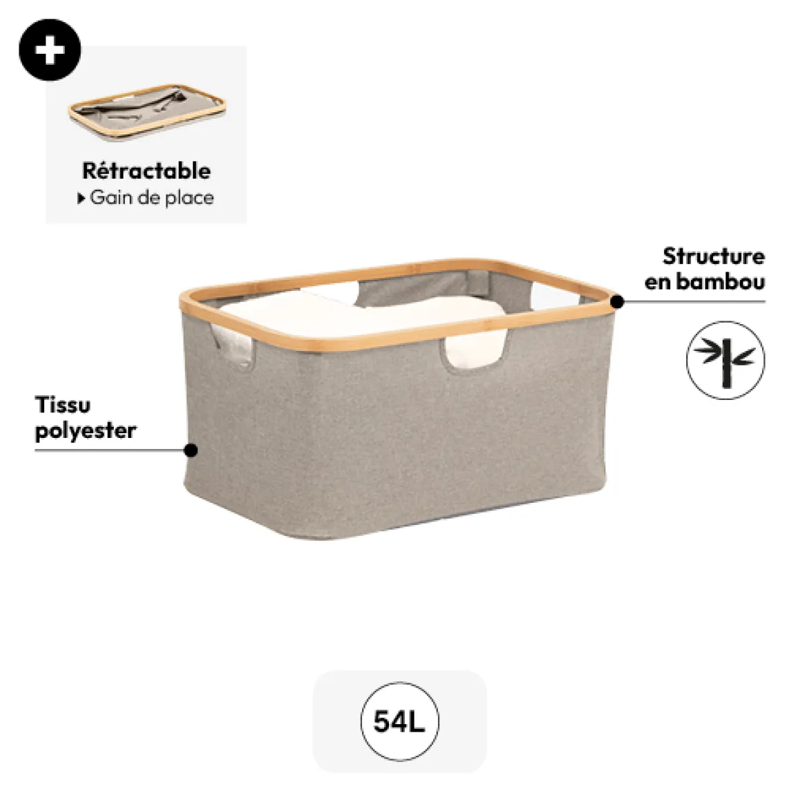 Panier à linge pliable 54L, Gris