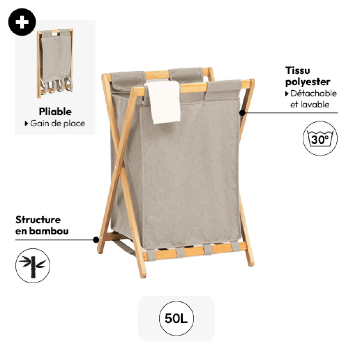 Panier à linge pliable 50L, Gris