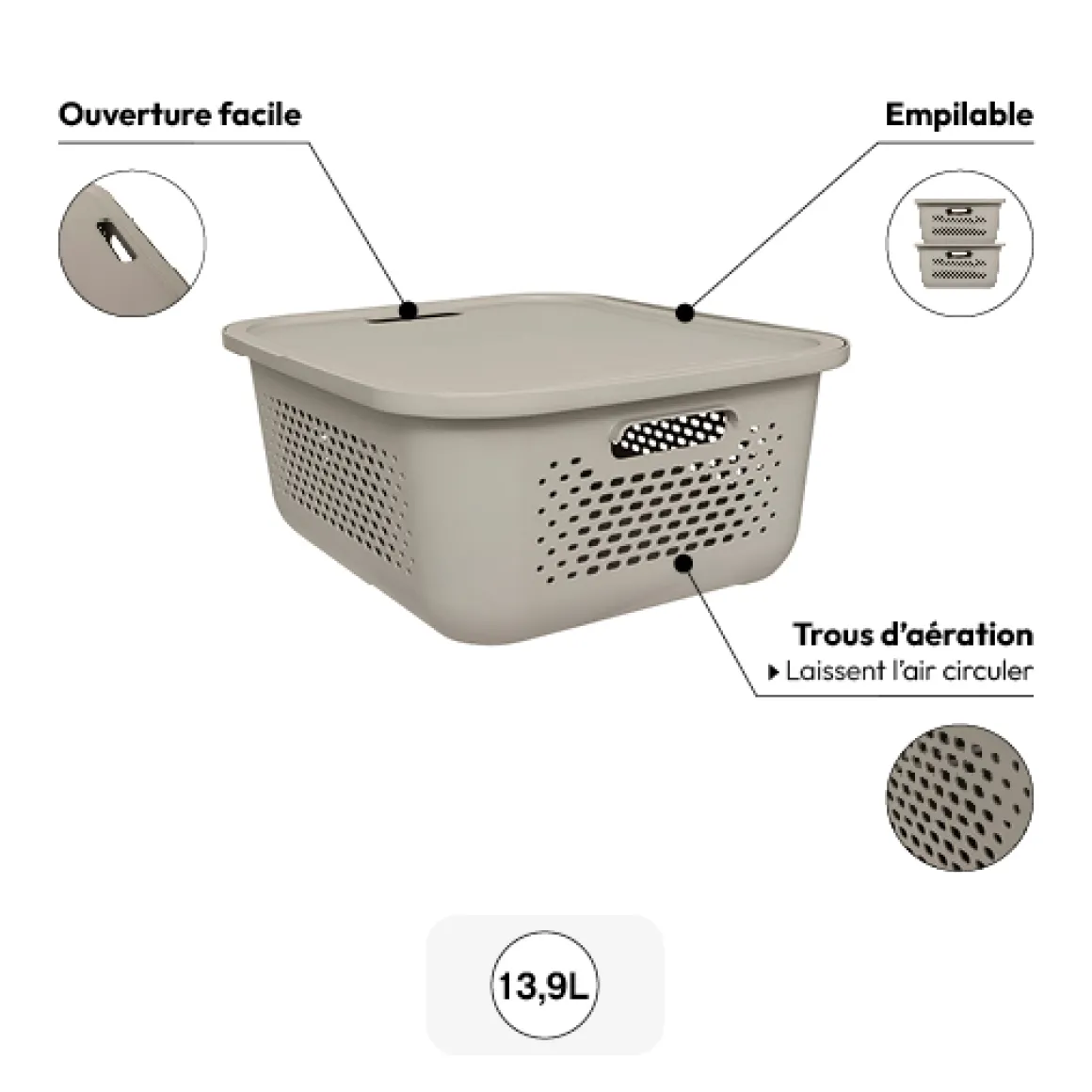 Panier avec couvercle 13,9L, Lin