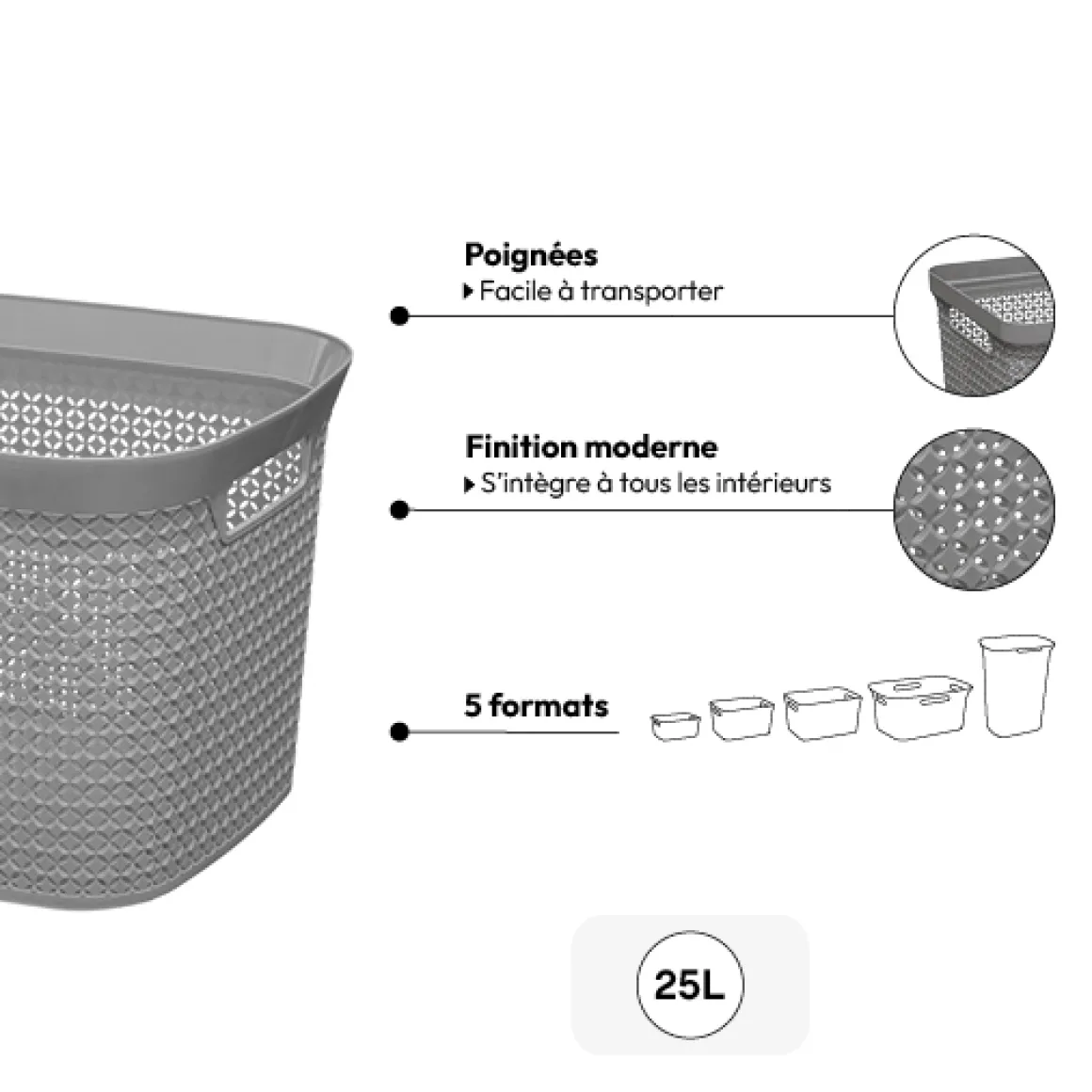 Panier en plastique 25L, Gris