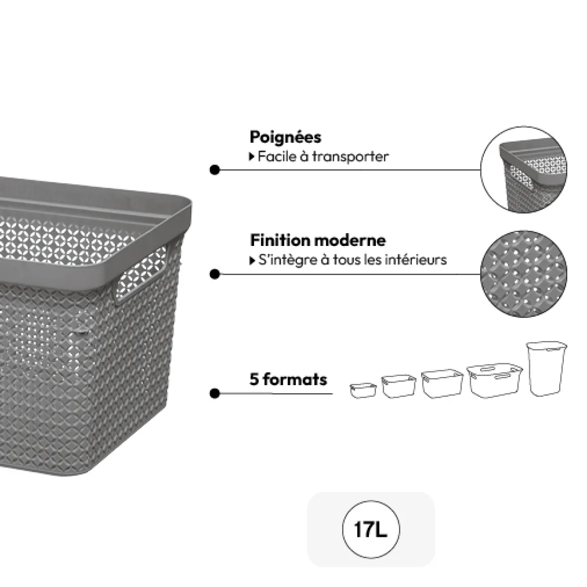 Panier en plastique 17L, Gris