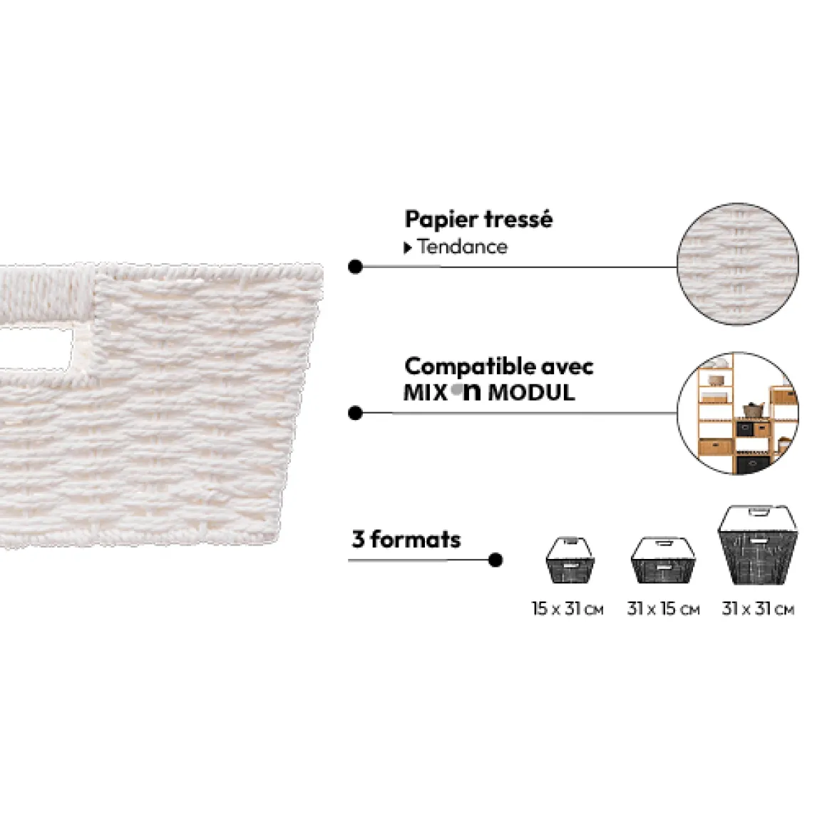 Panier vannerie 31x15cm, Blanc