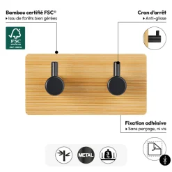 Patère adhésive 2 têtes métal et bambou