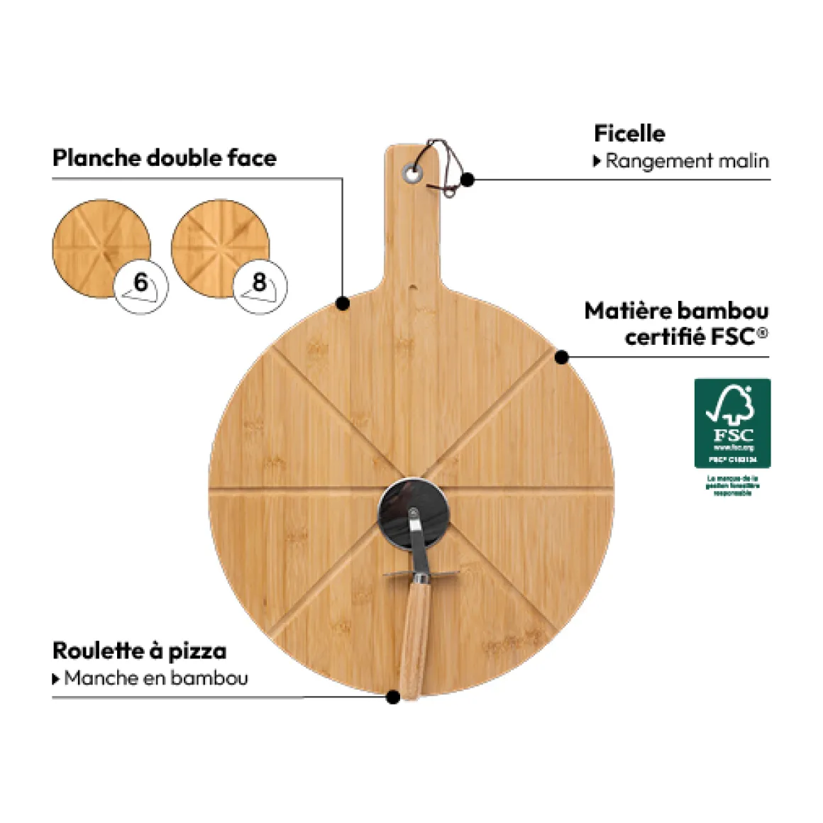 Planche à découper pizza avec roulette, 37cm