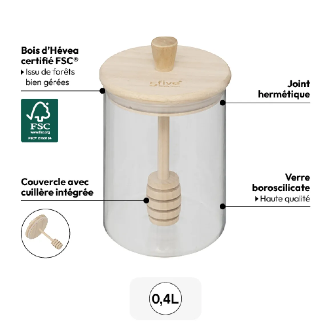 Pot à miel avec couvercle bois, 0,4L