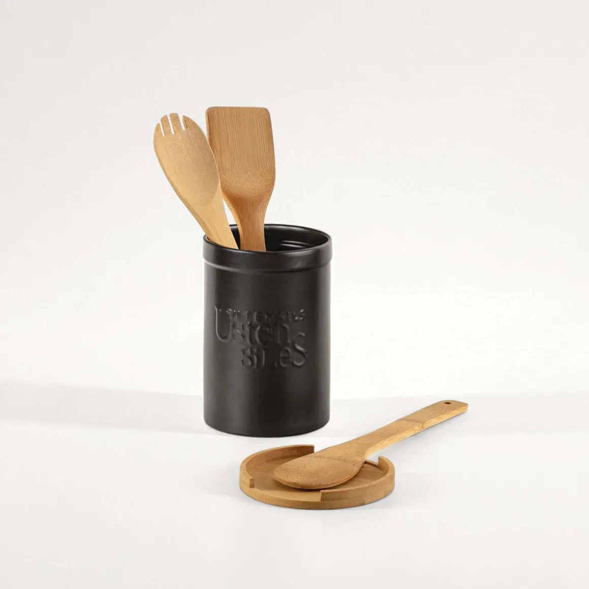 Pot à ustensiles couvercle bambou, Céramique noir