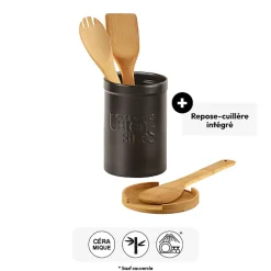 Pot à ustensiles couvercle bambou, Céramique noir