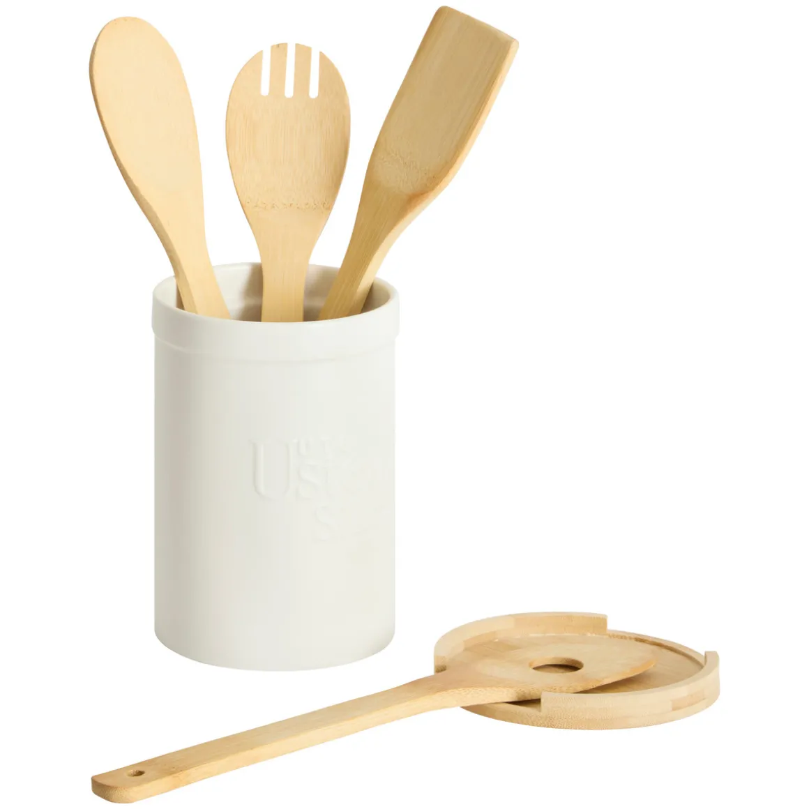Pot à ustensiles couvercle bambou, Céramique blanc