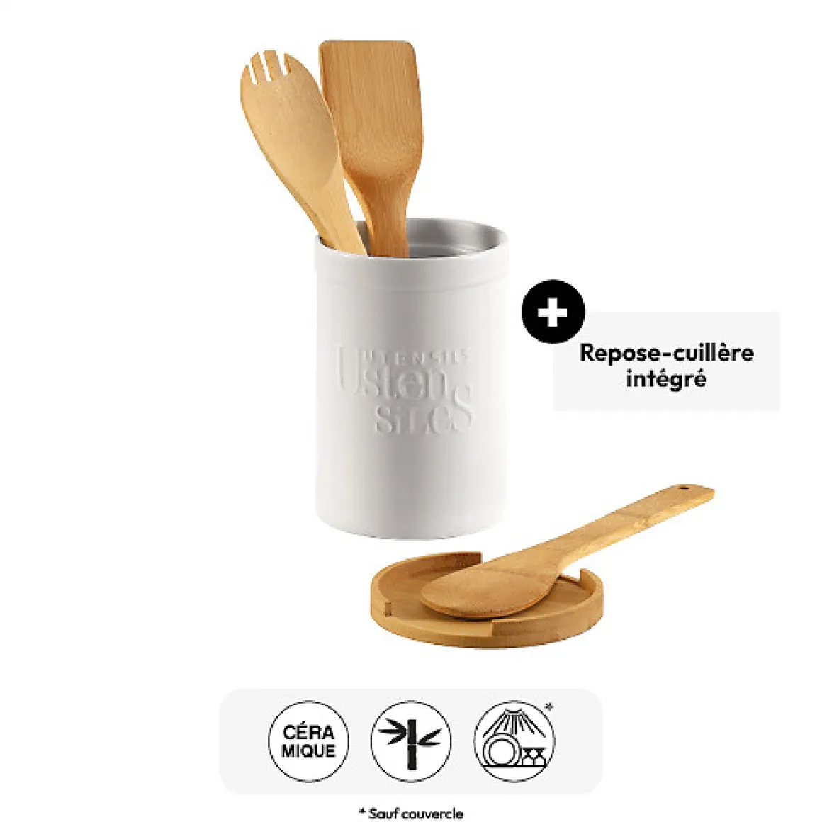 Pot à ustensiles couvercle bambou, Céramique blanc