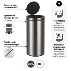 Poubelle automatique métal 40L, Noir