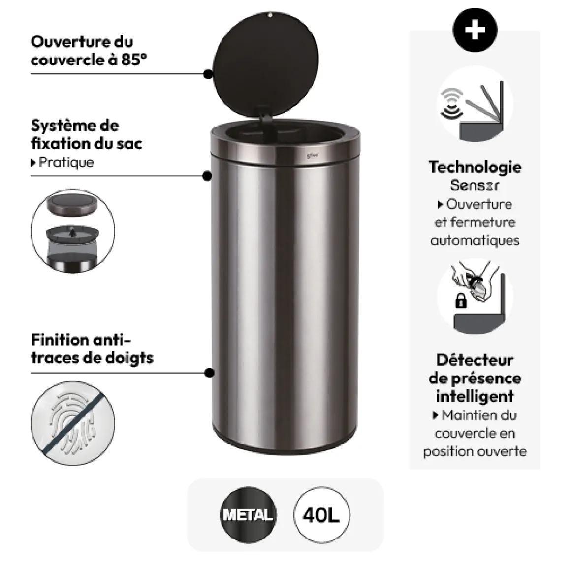 Poubelle automatique métal 40L, Noir