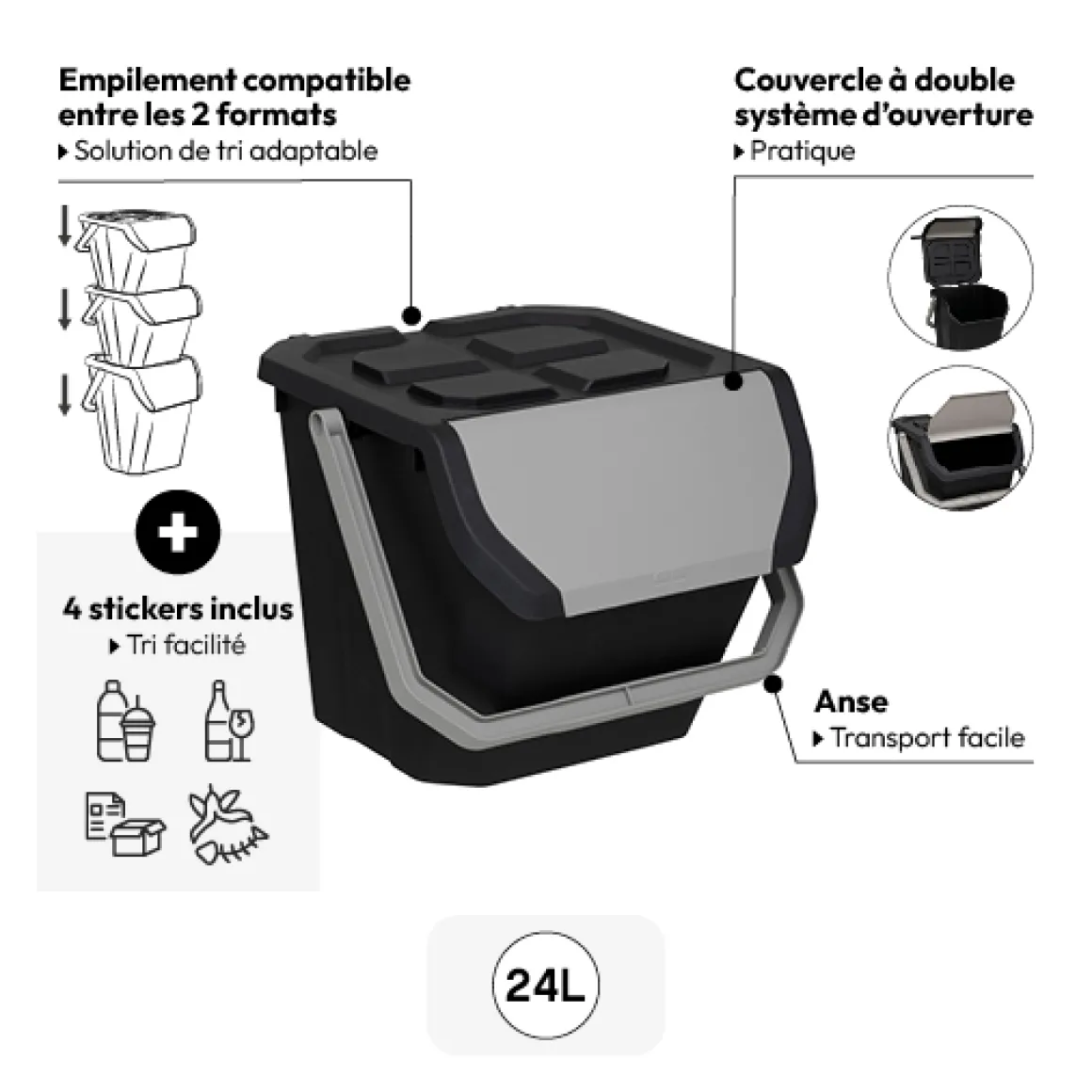 Poubelle de tri plastique 24L, Noir