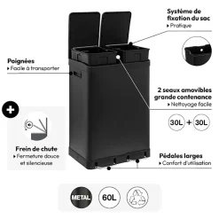 Poubelle de tri sélectif à pédales métal 2x30L, Noir